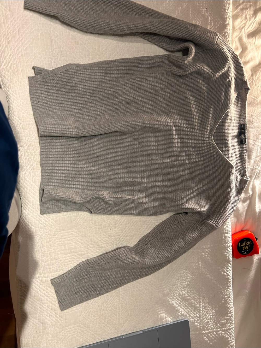 Guess Gray Waffle-Knit V-Neck Sweater